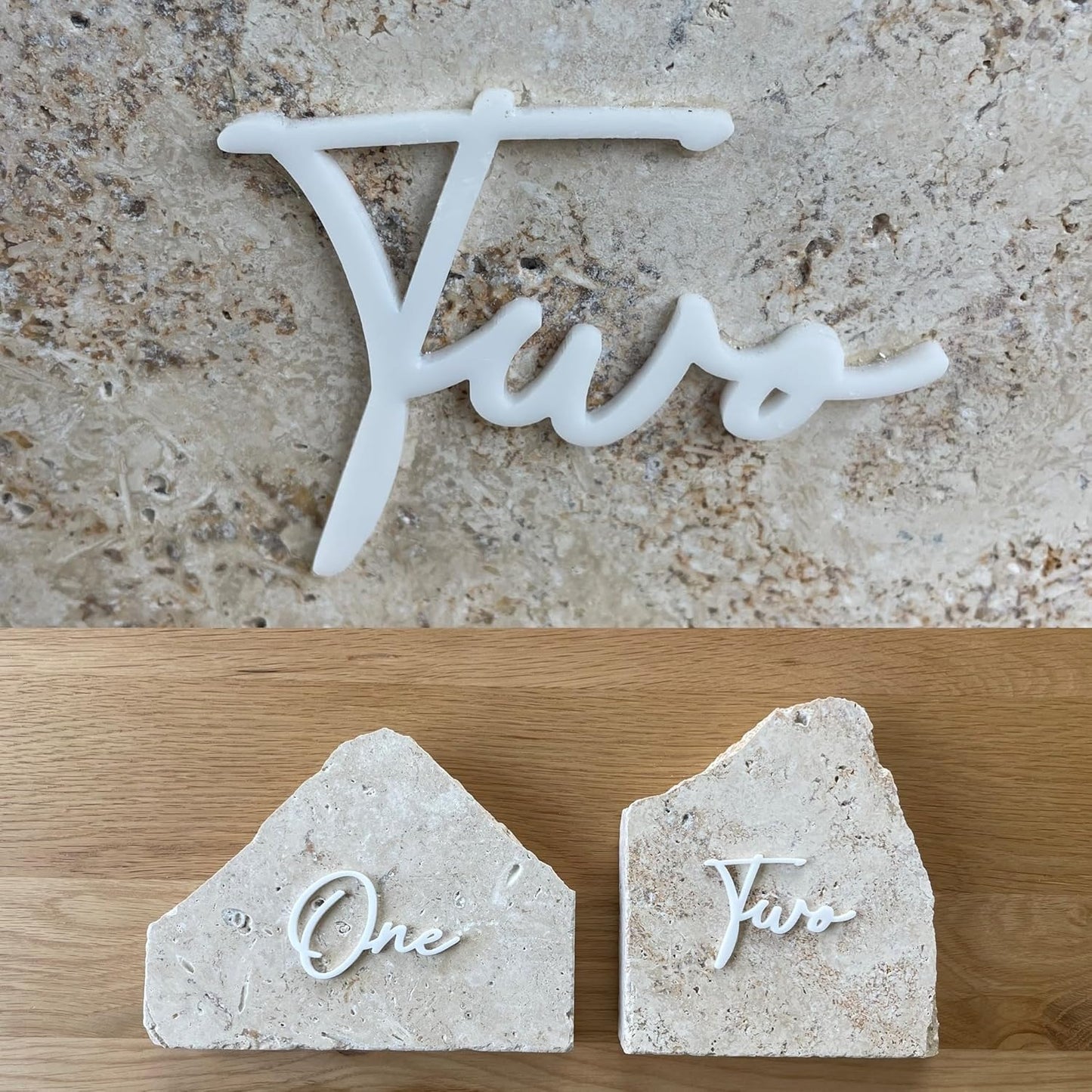 Cursive Wedding Table Number SET, DIY thin modern Black or White acrylic cutouts with silicone glue included. Words only, no backing (One - Ten, Gloss White)