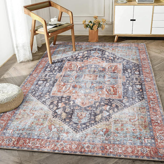 Bloom Rugs Washable Non-Slip 3' x 5' Rug - Terracotta/Blue Traditional Medallion Area Rug for Living Room, Bedroom, Dining Room, and Kitchen - Exact Size: 3' x 5'