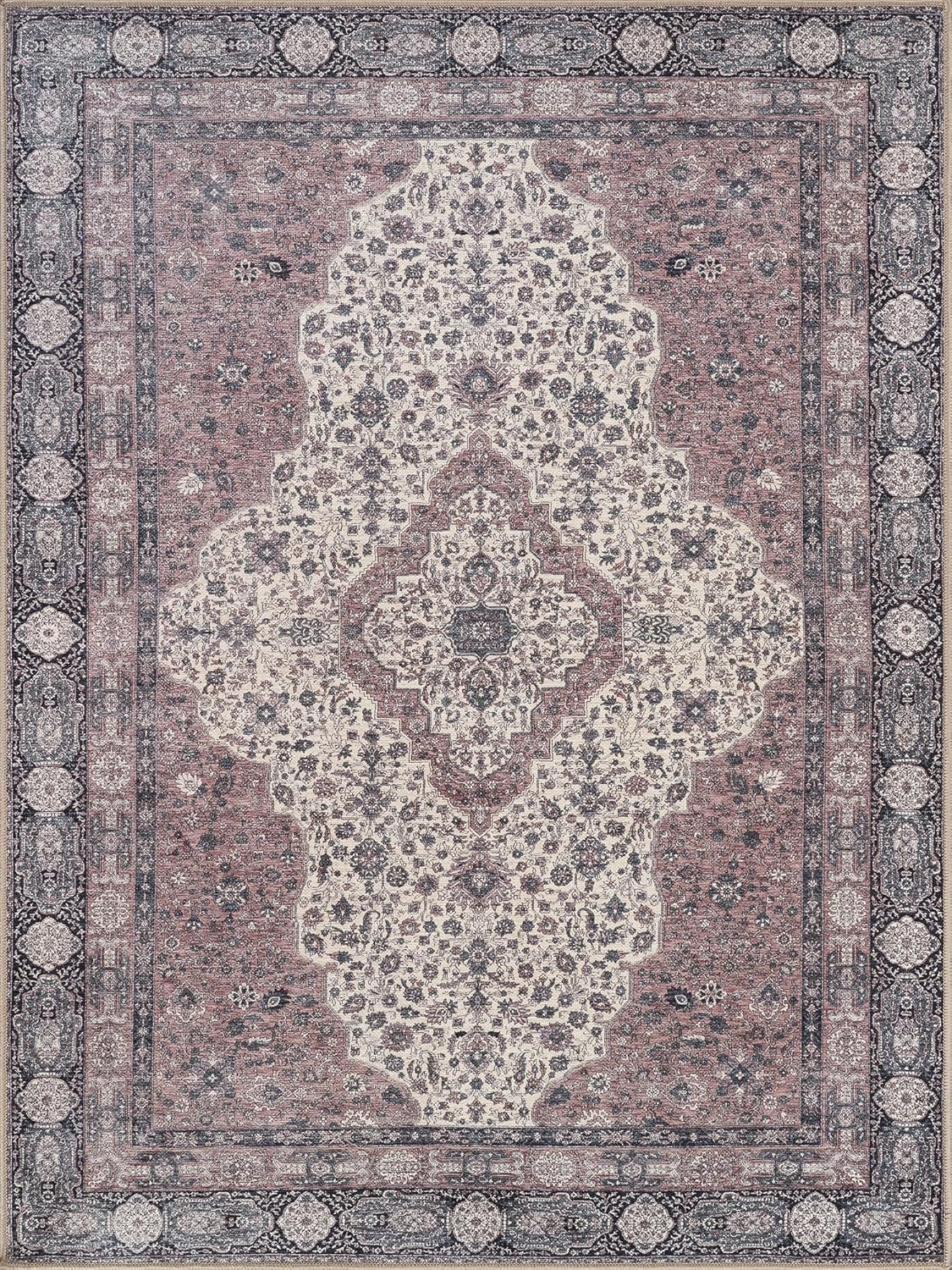 Bloom Rugs Washable Non-Slip 6' x 9' Rug - Cream/Green Traditional Medallion Area Rug for Living Room, Bedroom, Dining Room, and Kitchen - Exact Size: 6' x 9'