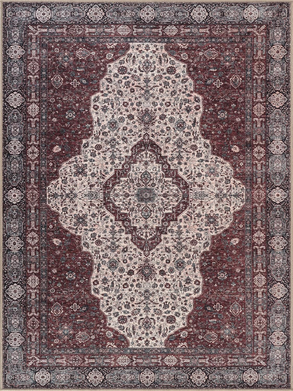 Bloom Rugs Washable Non-Slip 4' x 6' Rug - Red/Green/Cream Traditional Medallion Area Rug for Living Room, Bedroom, Dining Room, and Kitchen - Exact Size: 4' x 6'